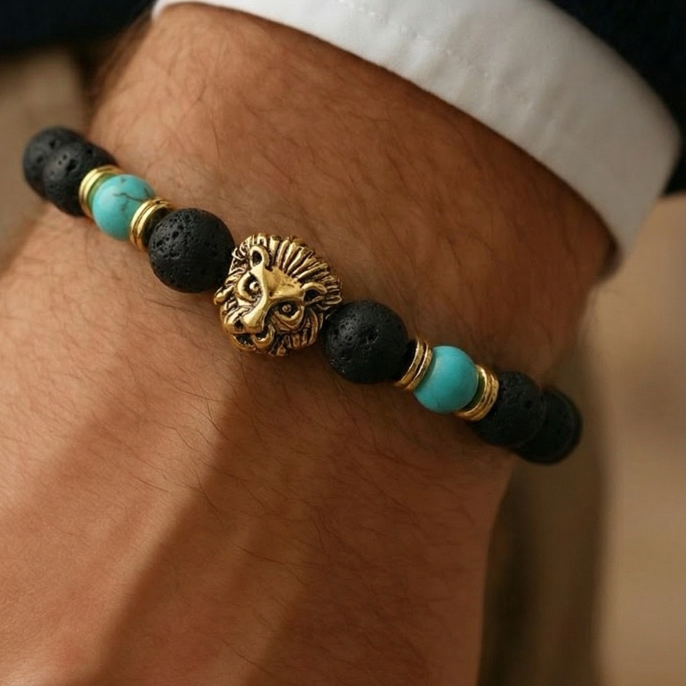 Lion Bead Bracelet with Black and Turquoise Beads gold and silver